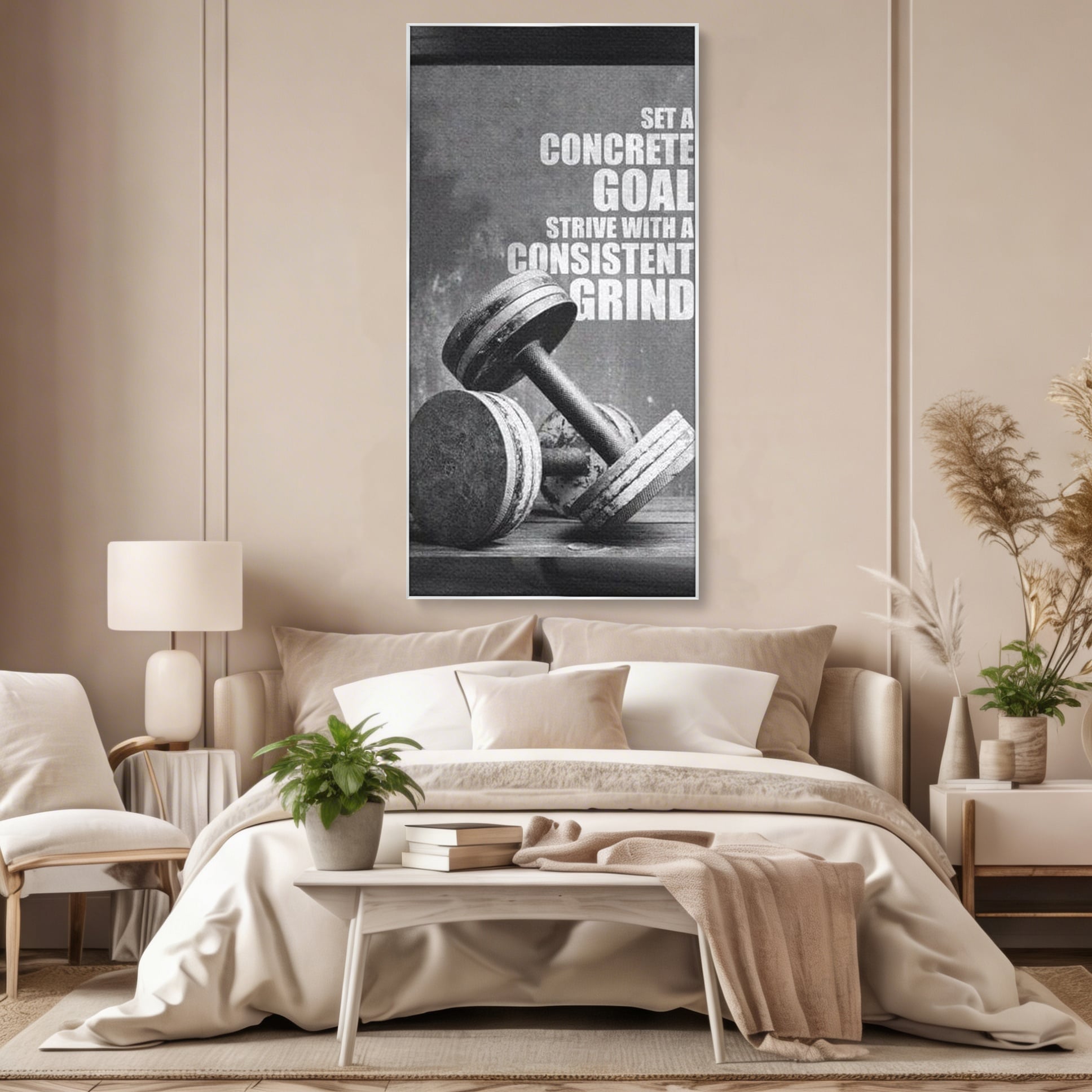 Tablou canvas cu tablou motivational cu gantere si text, in rama de aluminiu argintiu, pe perete intr-un dormitor
